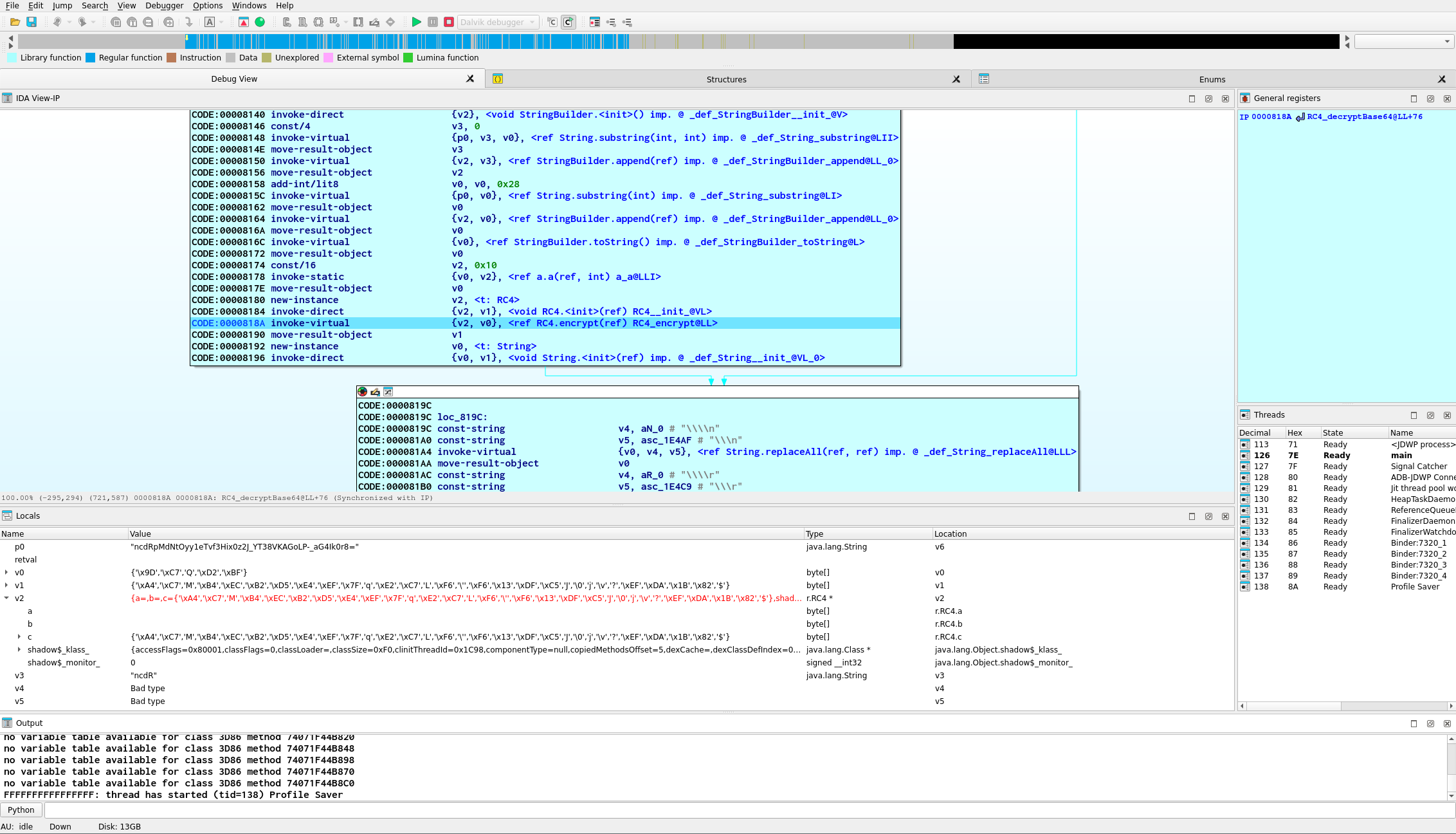 IDA debugging a dalvik program with type information available