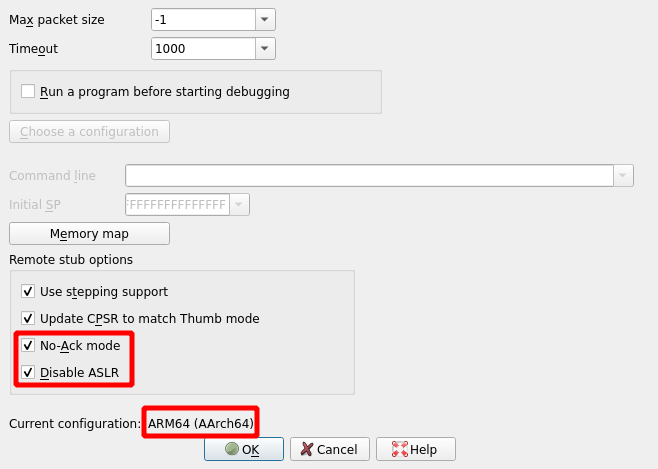 Debug options showing new noaslr, noack options configured for ARM64
